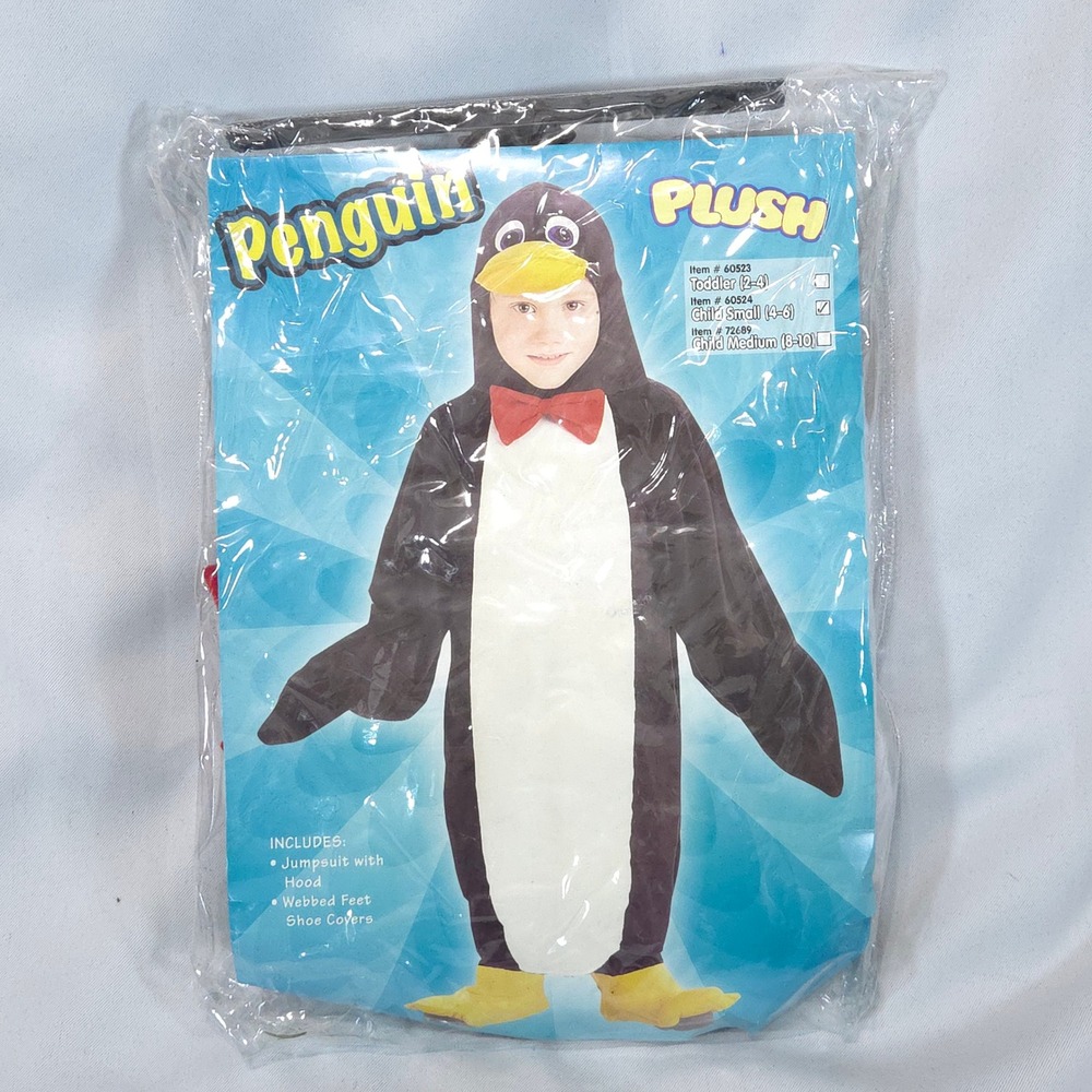 Plush Penguin Costume Jumpsuit Kids S 4-6yrs Hood Shoe Covers Halloween Cosplay